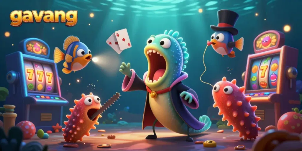 Experience the thrill of gavang with a 3D cartoon scene depicting an underwater magical casino atmosphere.
