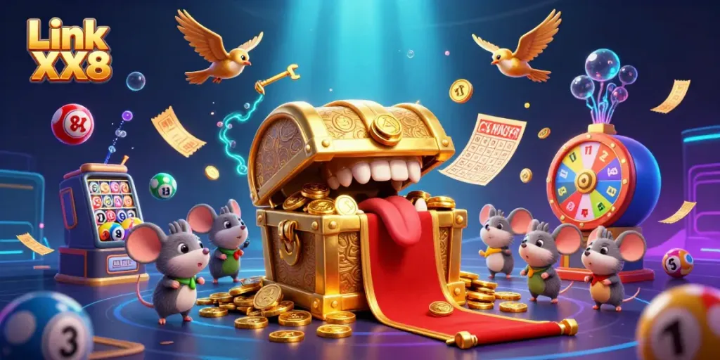 Engage with Link XX8 using animated characters in a fun casino-themed illustration.