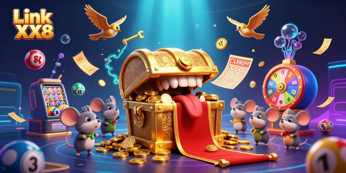 Engage with Link XX8 using animated characters in a fun casino-themed illustration.