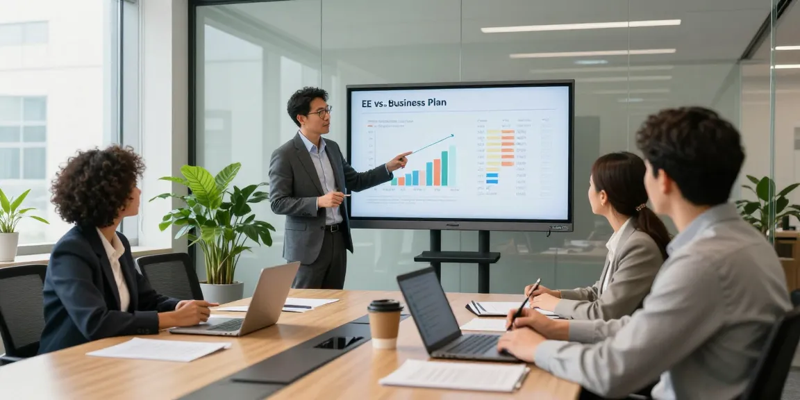 Exploring EE vs Three business plans in a modern office meeting, showcasing teamwork and comparison insights.