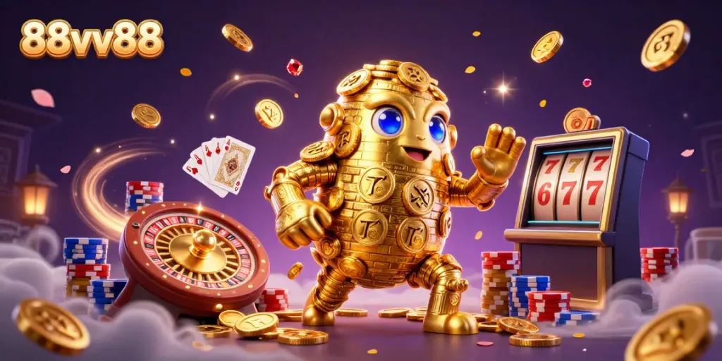 Experience the thrill of 88vv88 with a vibrant scene featuring a golden golem and casino elements.