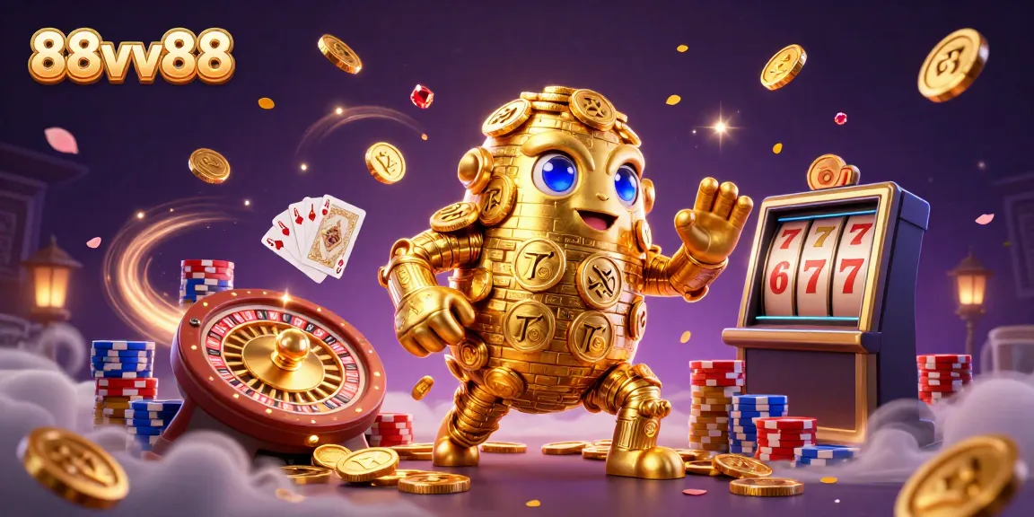 Experience the thrill of 88vv88 with a vibrant scene featuring a golden golem and casino elements.