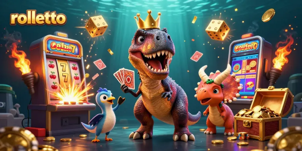 Engage in thrilling gameplay at Rolletto casino with a vibrant card game scene featuring dinosaurs.