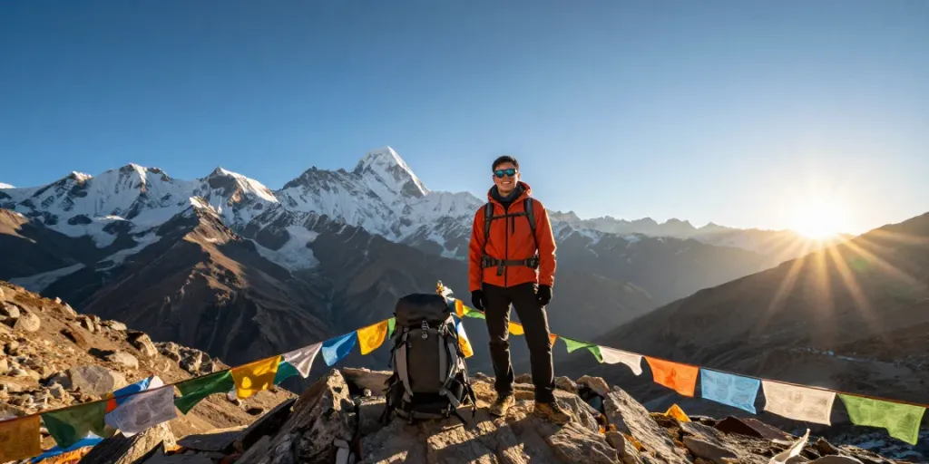 Disfrutando del trek al Circuito Manaslu en la cima de Larkya La Pass con un paisaje montañoso impresionante.