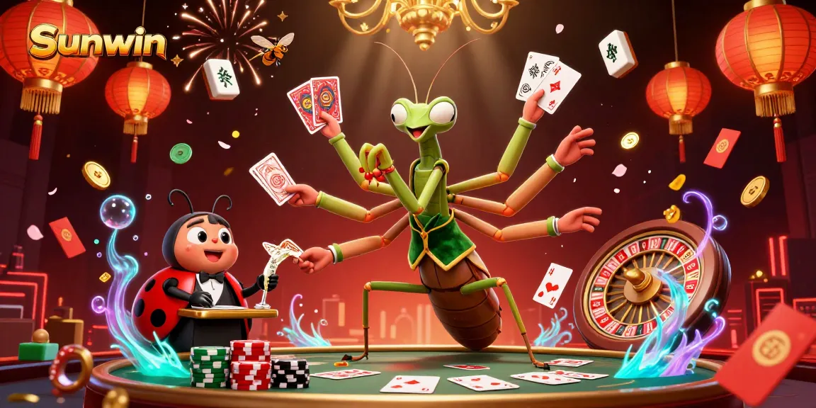 Experience Sunwin casino with vibrant characters and dynamic gaming action in a surreal scene.