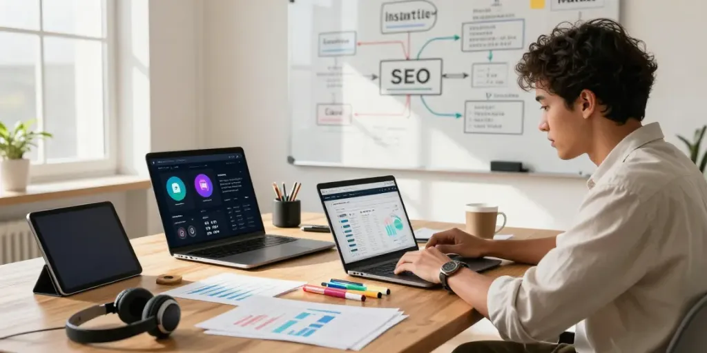 Content strategist working on instant indexing strategies in a modern workspace.