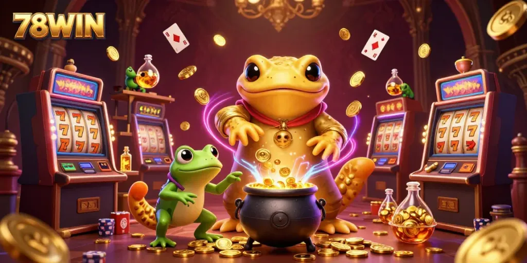 Experience the excitement of 78WIN with golden salamanders and vibrant casino elements bursting with energy.