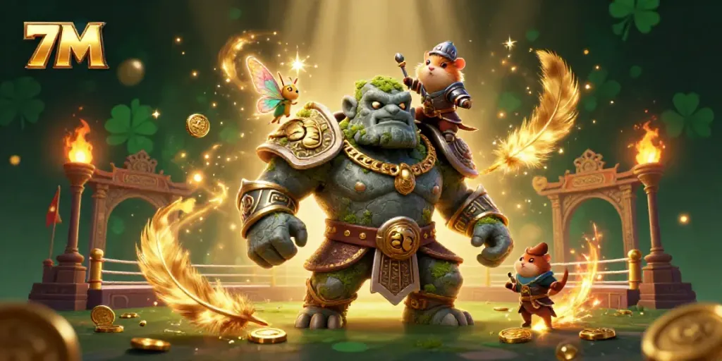 Experience the exhilarating sports betting world with 7M, featuring our lively characters amidst gold coins and action.