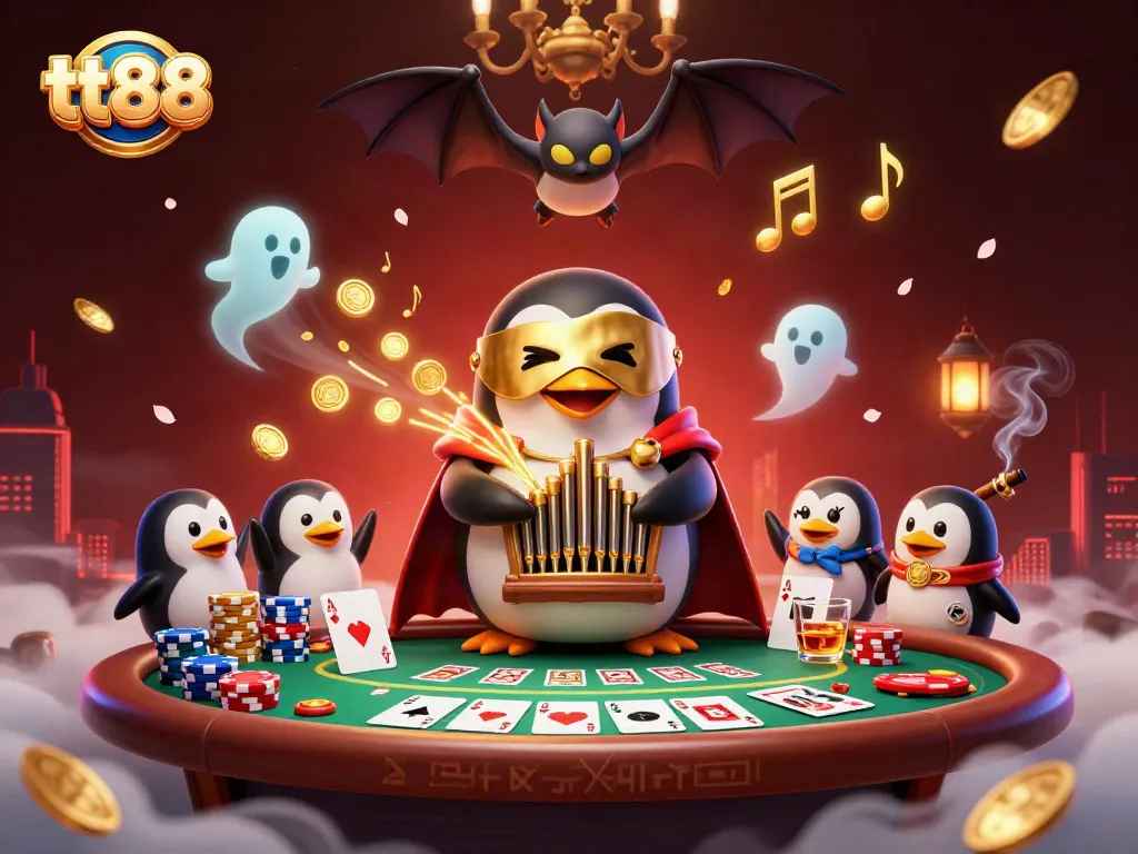 Engage with tt88's vibrant casino scene featuring a phantom penguin and dynamic gaming elements.