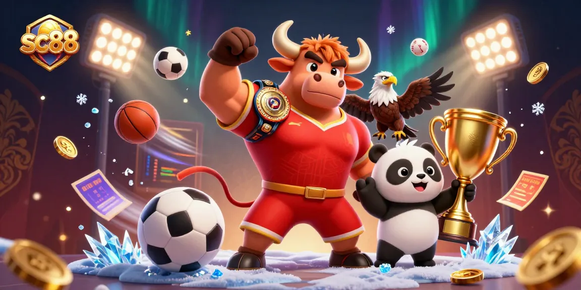 Celebrate with sc88 as the bull, eagle, and panda triumph in an energetic casino scene.