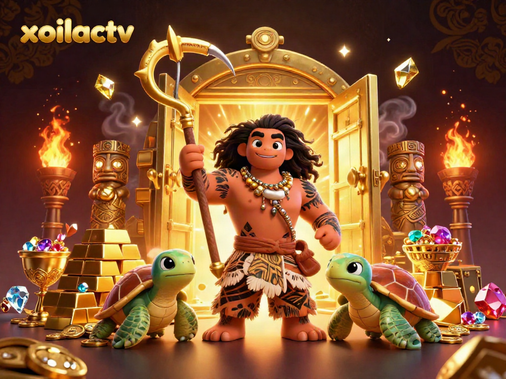 Experience the energetic vibe of xoilactv with vibrant characters and dazzling treasures dynamically surrounding a Polynesian demigod.