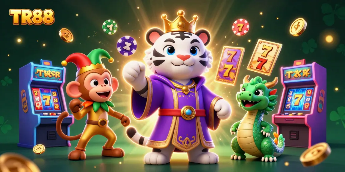 Engage with TR88's vibrant gaming experience featuring a playful scene with characters and casino elements.