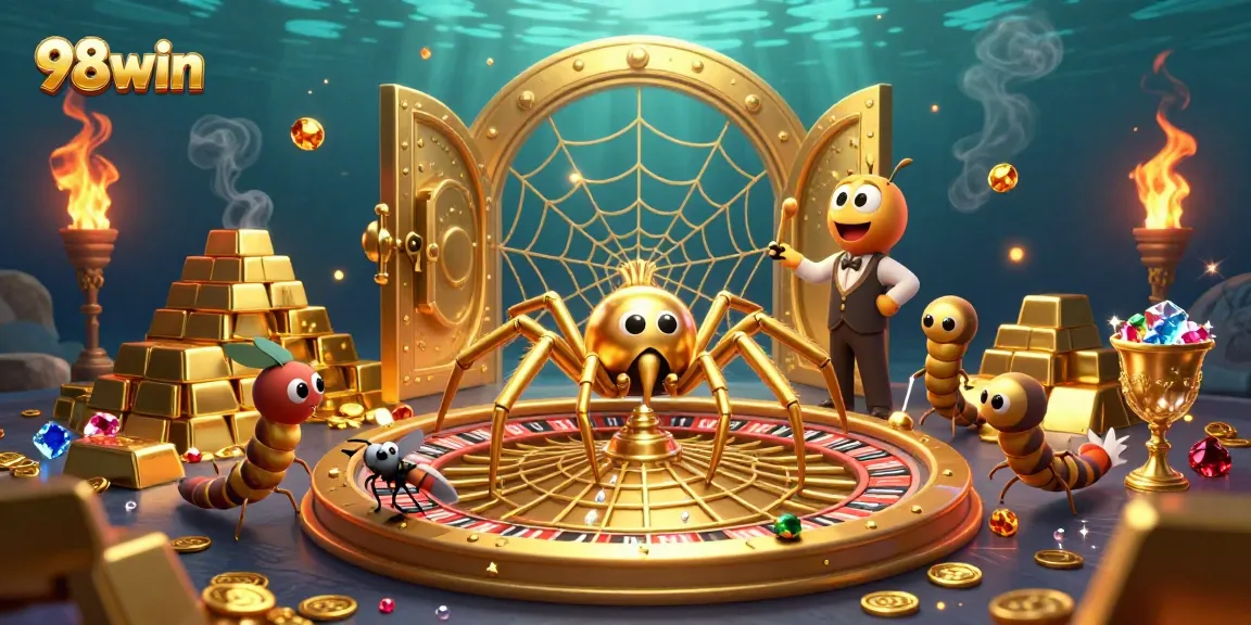 Engage with 98win in a vibrant casino scene featuring a golden spider and centipede croupier.