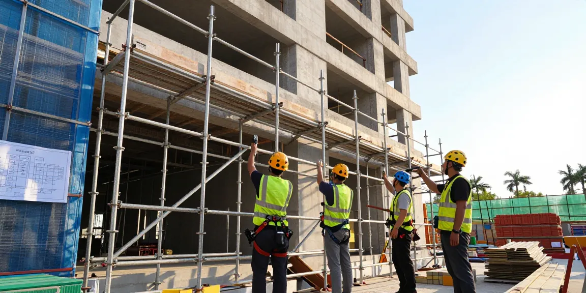 Commercial scaffolding team assembling structures on a renovation site, emphasizing safety and teamwork.
