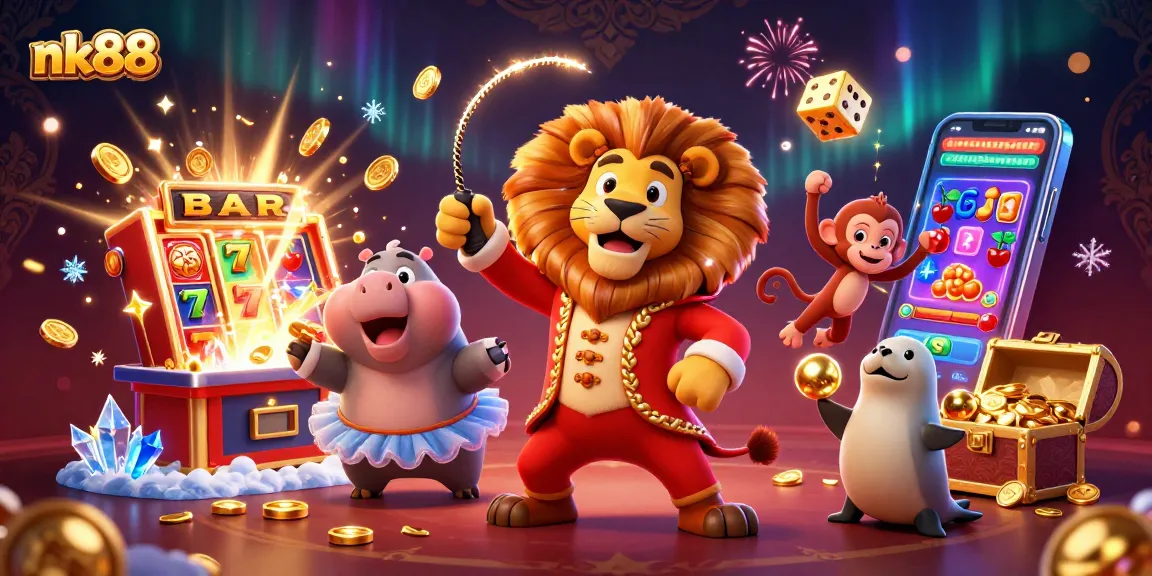 Experience the thrill of nk88 slots with vibrant characters and festive casino elements bursting with excitement.