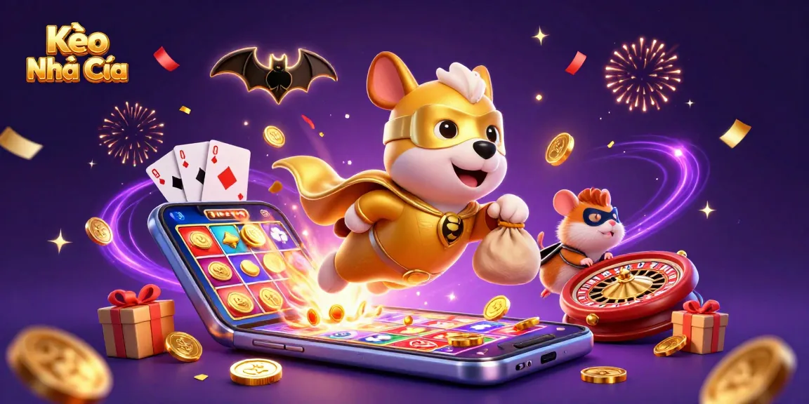 Kèo Nhà Cái superhero dog and hamster celebrate with gold coins in a vibrant casino scene.