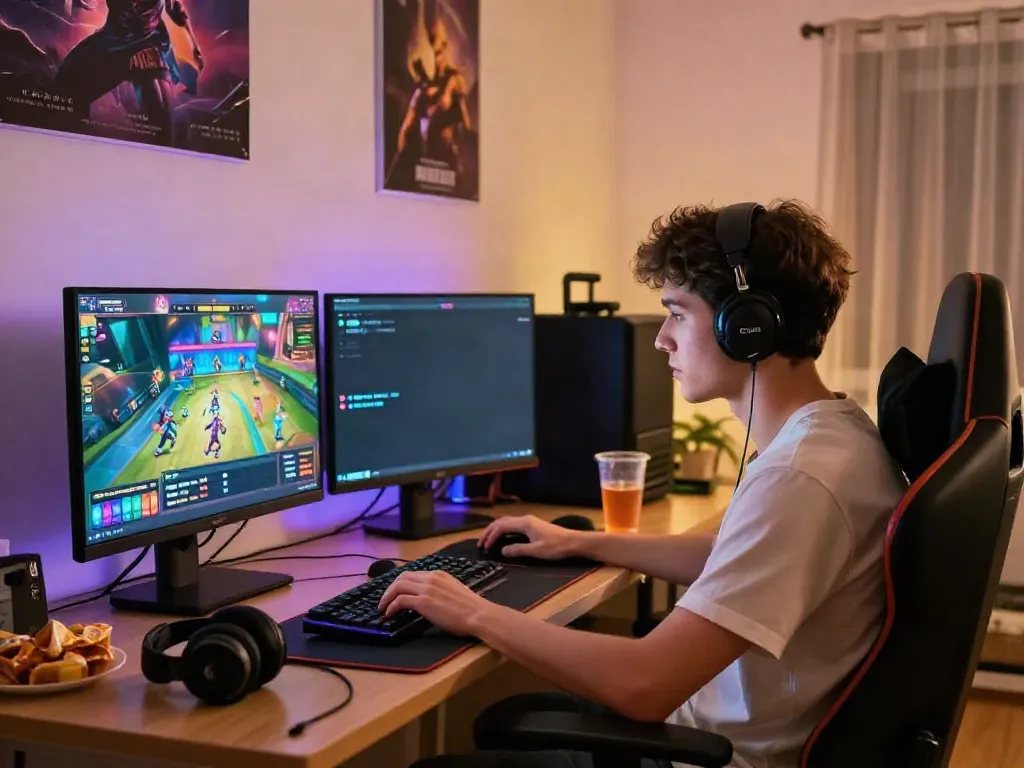 Online gaming enthusiast engaged in slots at home, showcasing https://gem88.jpn.com/ vibrant gaming experience.