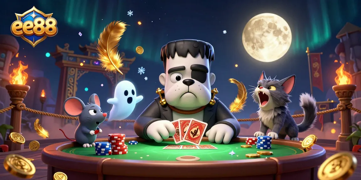 Engage in thrilling gambling action at ee88 with a ghost mouse and Frankenstein bulldog at a spooky casino table.