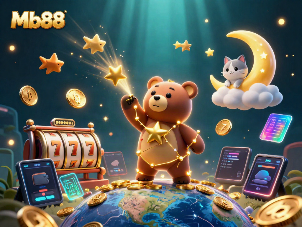 Experience thrilling gameplay with Mb88, showcasing a vibrant casino scene filled with slot reels and golden coins.