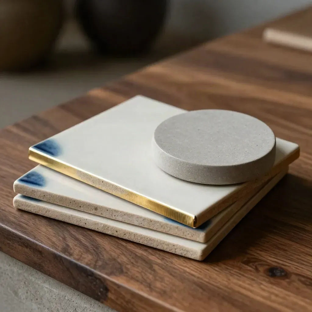 Ceramic sample tiles, brass dividers and matte prototype form on a dark studio surface.