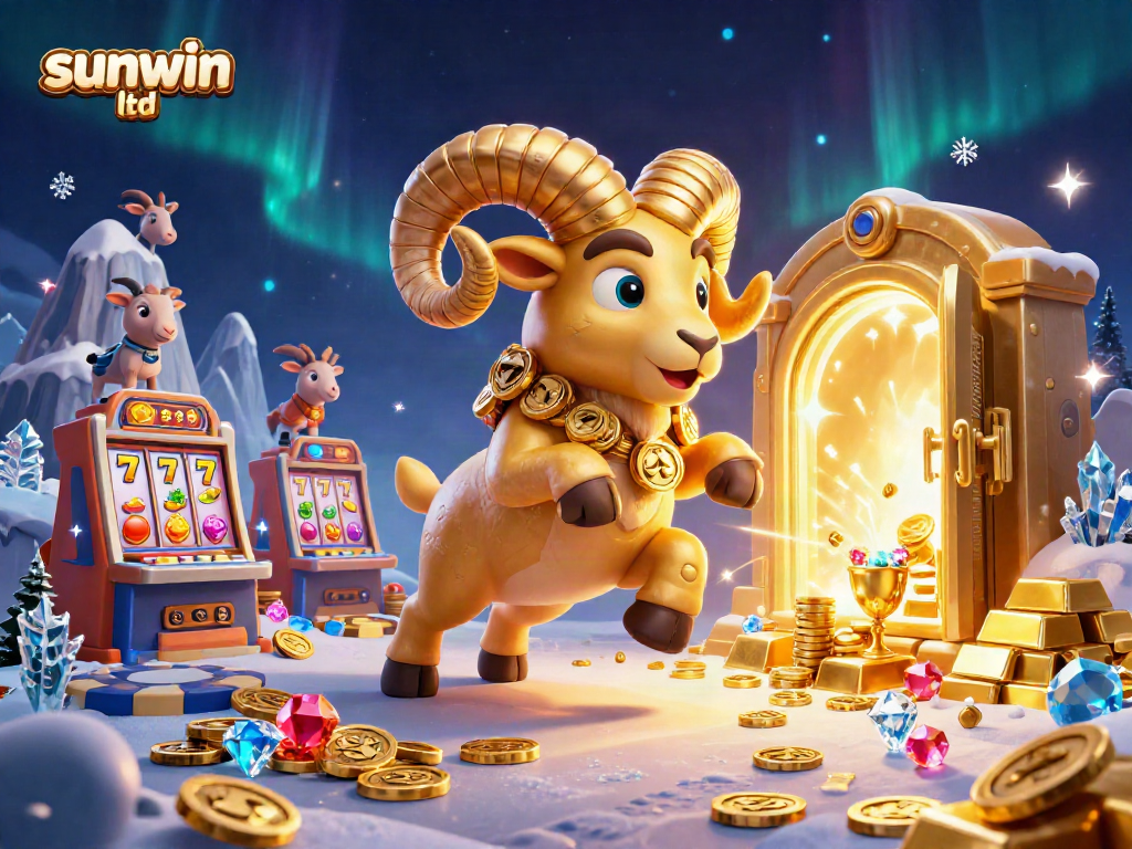 Win big with sunwin ltd in this bustling casino scene filled with slot machines and gold treasures.