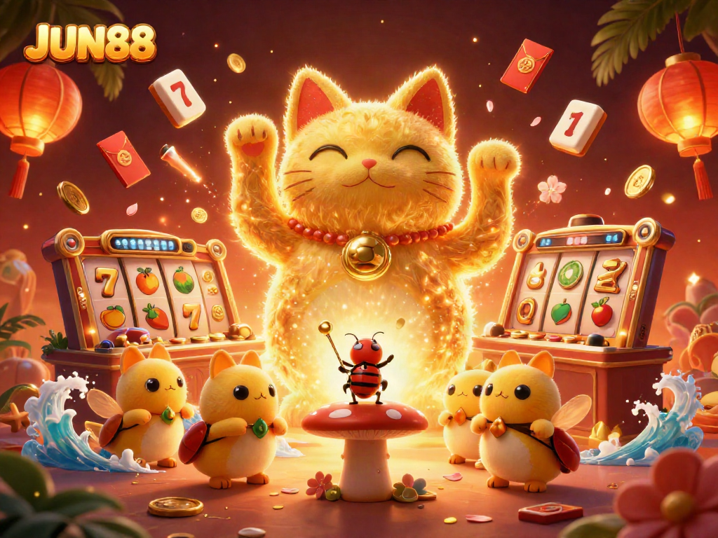 Experience the vibrant JUN88 casino world through a lively illustration of a lucky cat accompanied by golden symbols and festive elements.