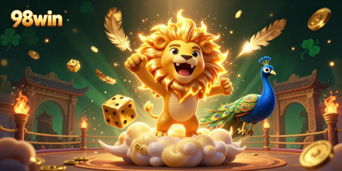 Experience the thrill of 98win with a roaring sun lion, golden dice, and vibrant casino elements.