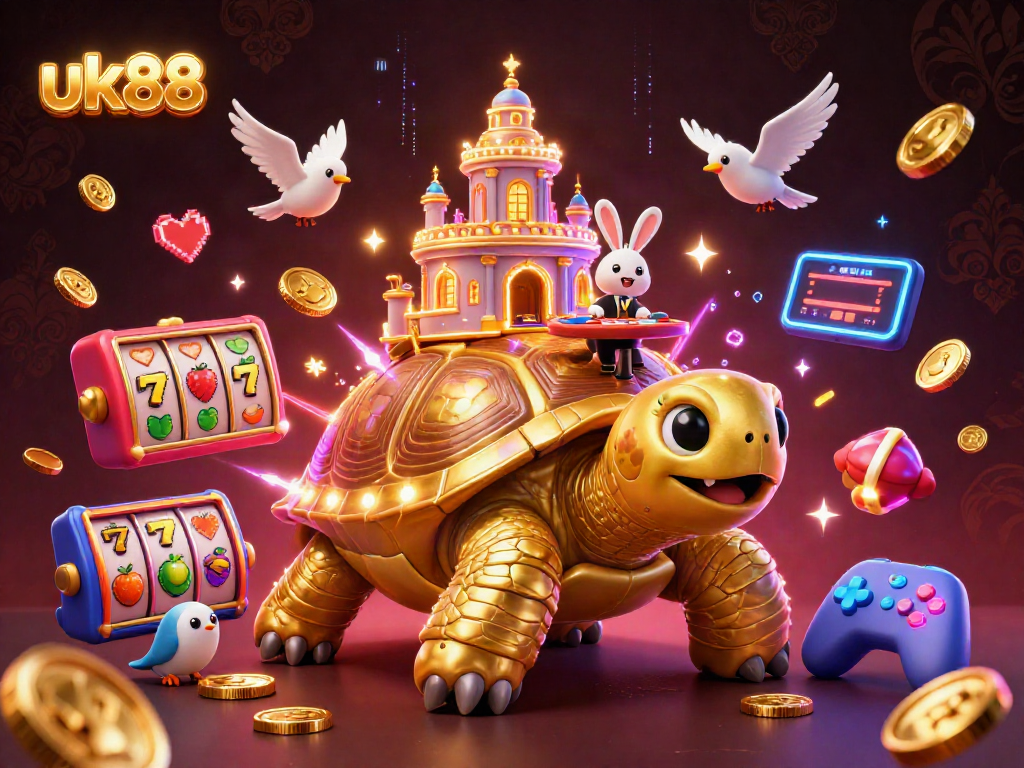 Win big at uk88 with a golden tortoise casino palace, rabbit dealer, and glowing slot reels.