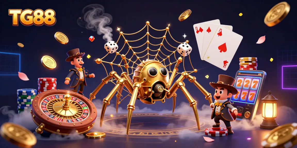 Engage with TG88's thrilling online gambling experience featuring a steampunk spider and vintage charm.