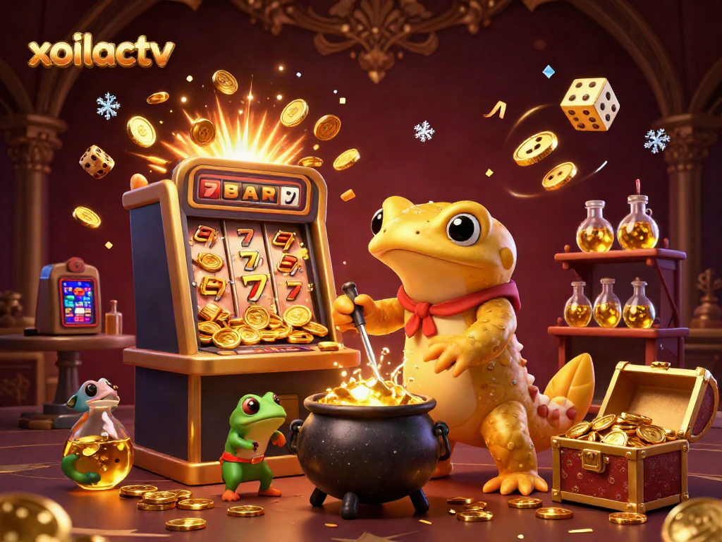 Xoilactv showcases a magical scene with a golden salamander alchemist and exciting casino elements exploding into view.
