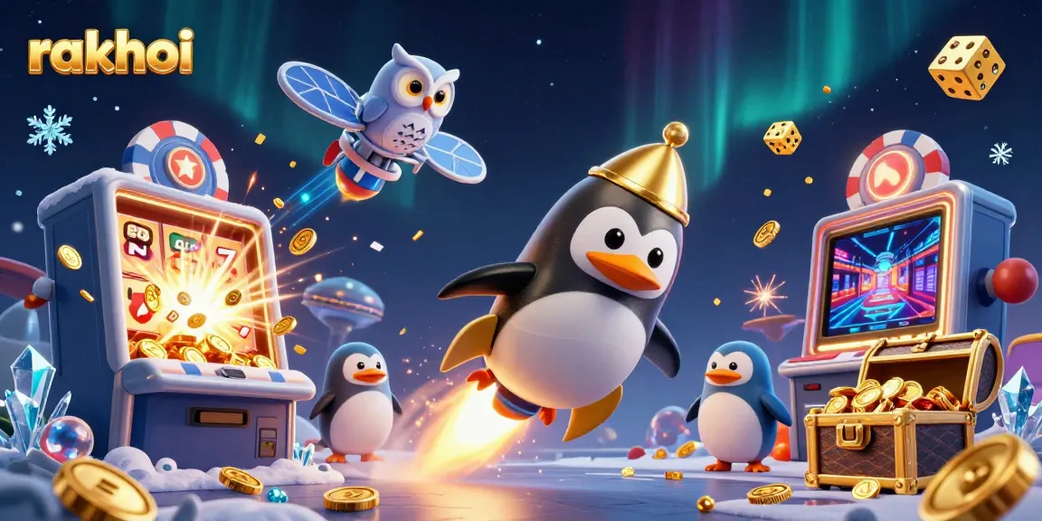 Join the excitement at Rakhoi as the golden penguin navigates a vibrant casino space scene.