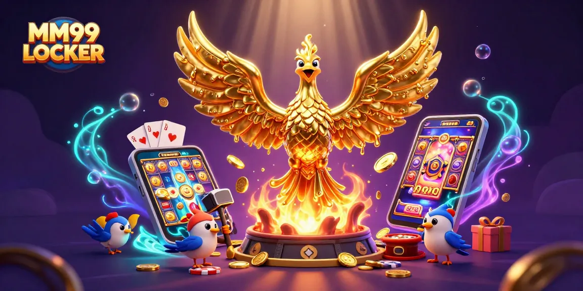 Experience MM99 LOCKER's golden phoenix unleashing riches in this vibrant casino-themed illustration.