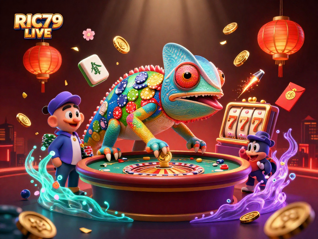 Experience thrilling moments at RIC79 LIVE casino, with chameleon owner and festive elements.