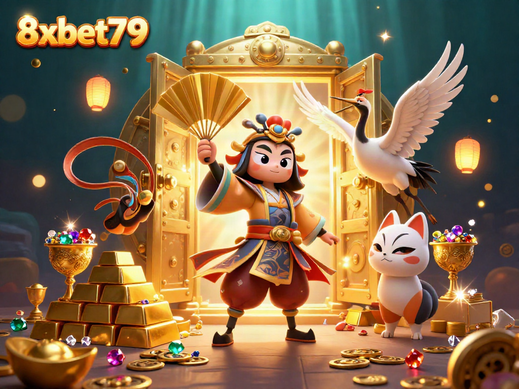 Experience the thrill of winning at 8xbet79 with vibrant casino characters and dazzling treasures.
