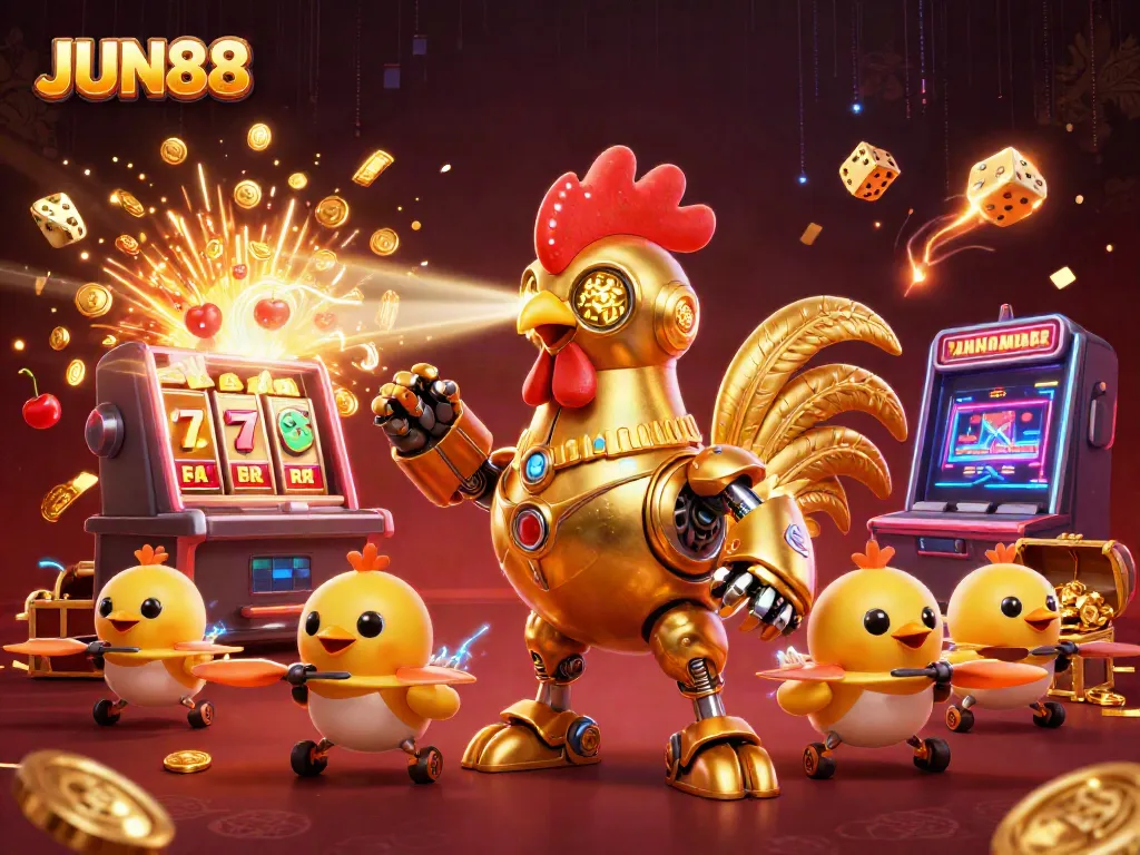 Engage with JUN88's vibrant retro-futuristic casino scene featuring a golden rooster robot.