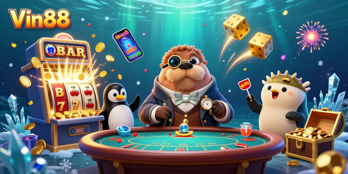 Experience thrilling gameplay at Vin88 with a jolly walrus and friends in an underwater casino.