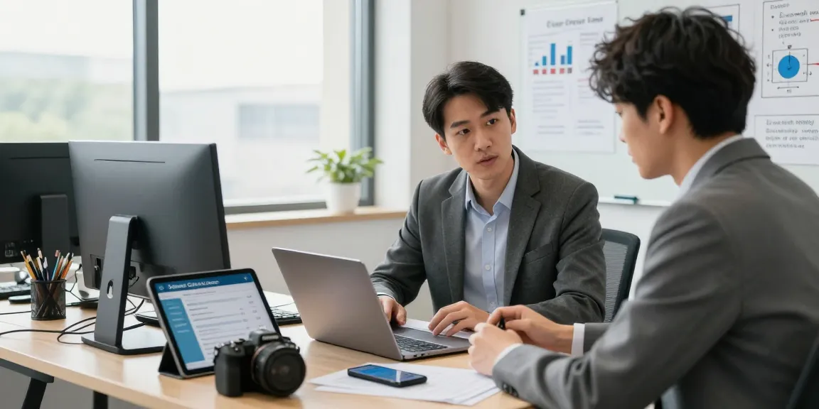Cybersecurity expert explaining how to get cyber essentials certified to a business owner, showcasing a modern office setup.