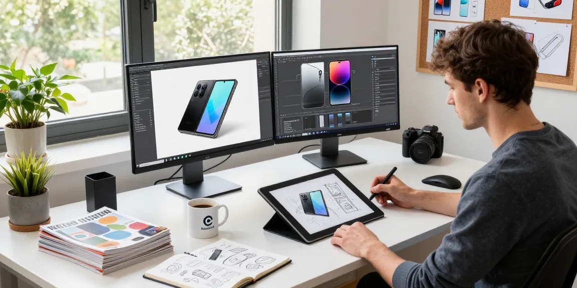 Designer sketching a tri-fold phone prototype in a modern tech workspace with vibrant gadgets and natural light.