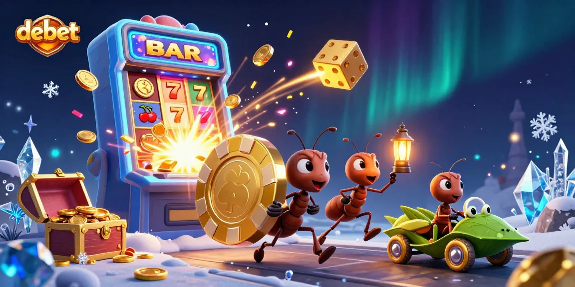 Engage with debet's thrilling heist scene featuring ants and vibrant casino elements.