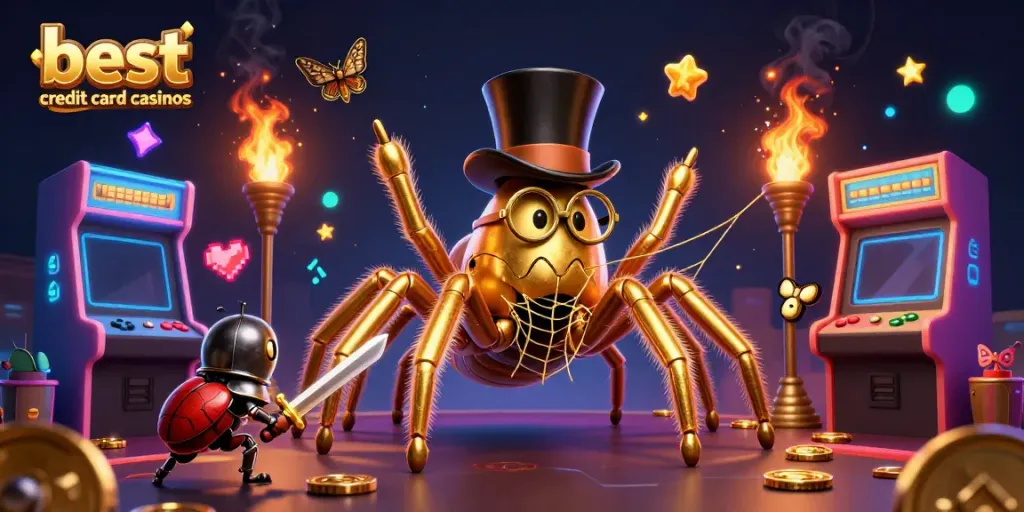 Engage with the best credit card casinos featuring whimsical characters in a colorful casino environment.