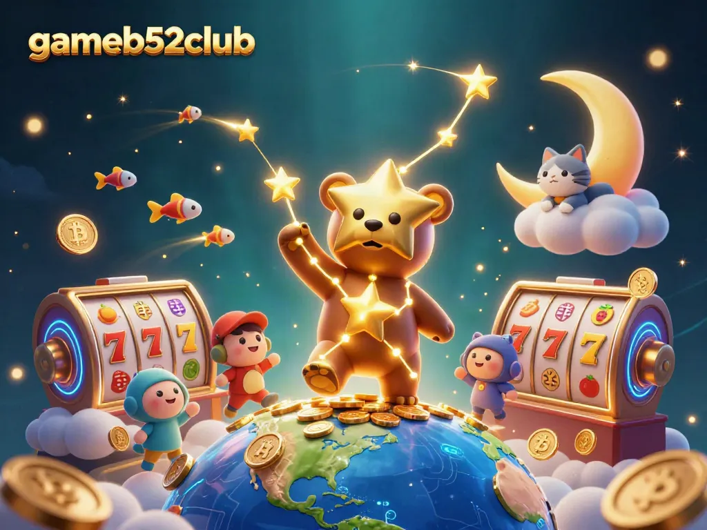 Experience the magic of gameb52club with a constellation bear gathering coins and vibrant casino elements.