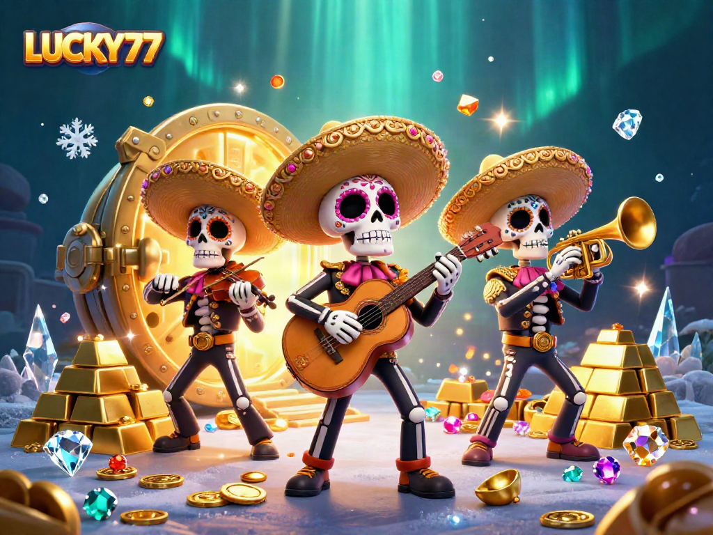 Experience vibrant LUCKY77 action in a detailed casino-themed illustration featuring festive mariachi skeletons.