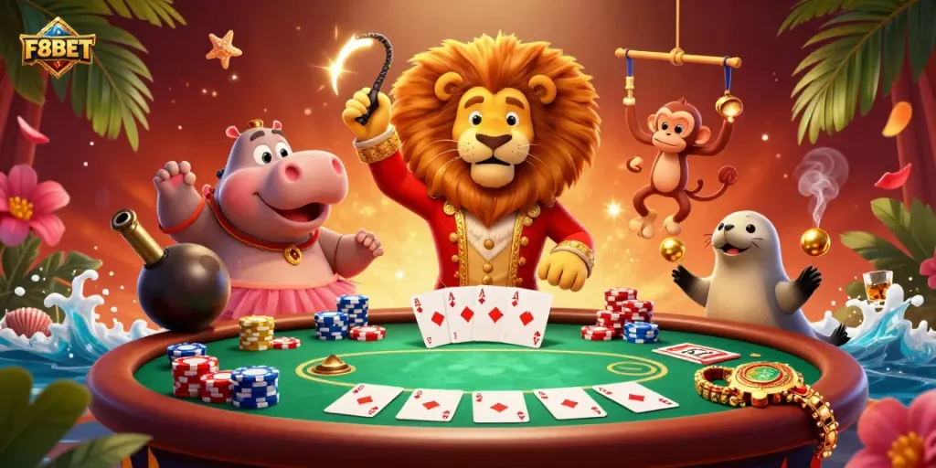 Experience thrilling gameplay with F8BET's vibrant poker scene featuring colorful chips and playful characters.