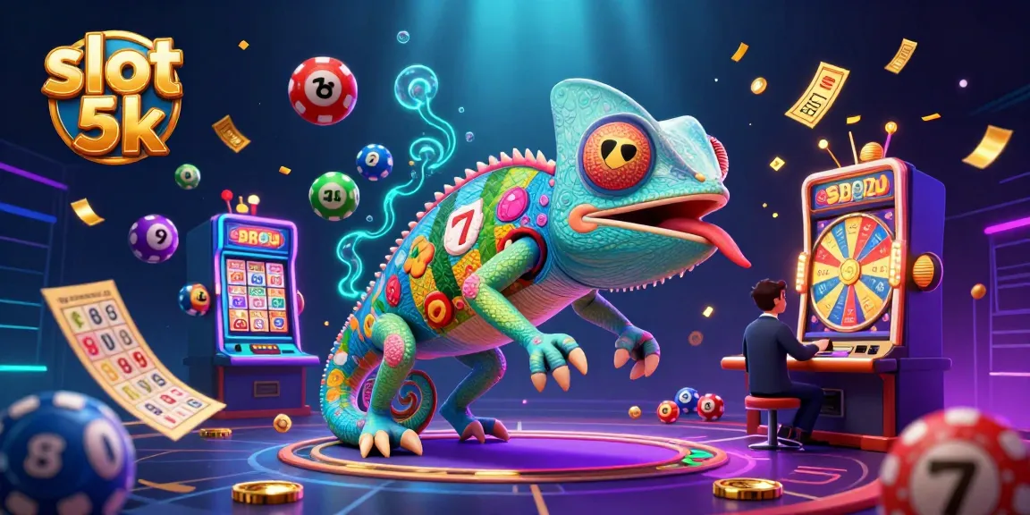 Experience the allure of slot 5k with a colorful 3D casino scene featuring a chameleon character surrounded by dynamic game elements.