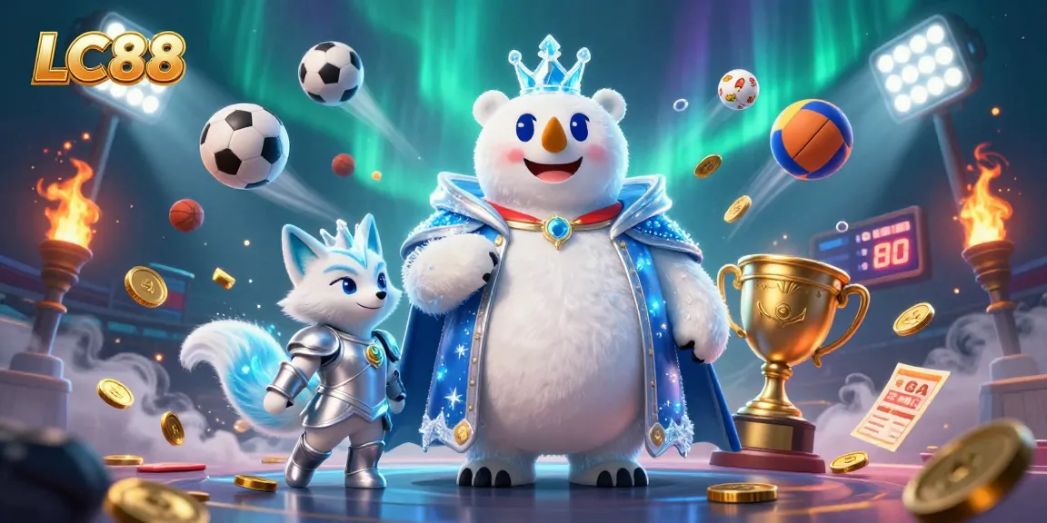 Engage in thrilling gameplay at LC88 with vibrant sports betting elements and royal characters.