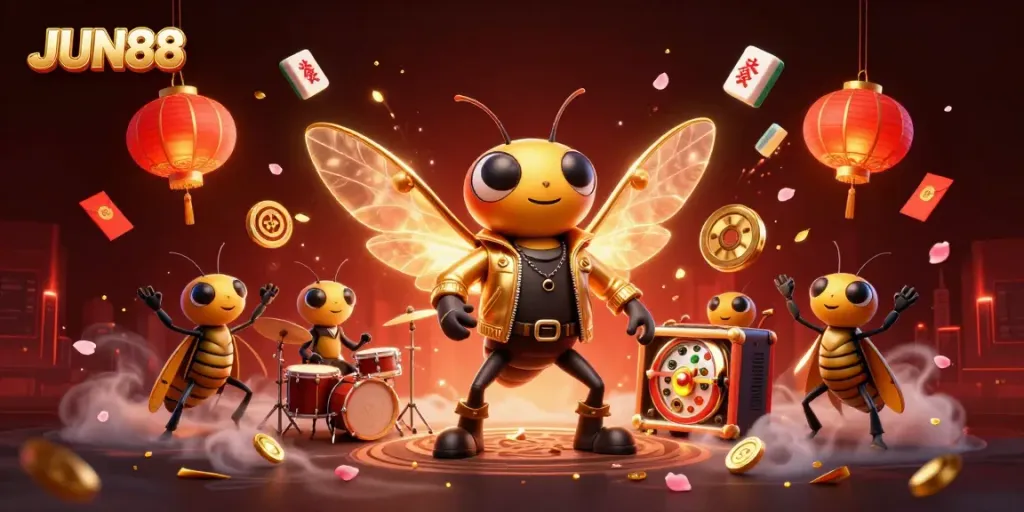 Experience thrilling casino excitement with JUN88's animated rock star and vibrant elements.