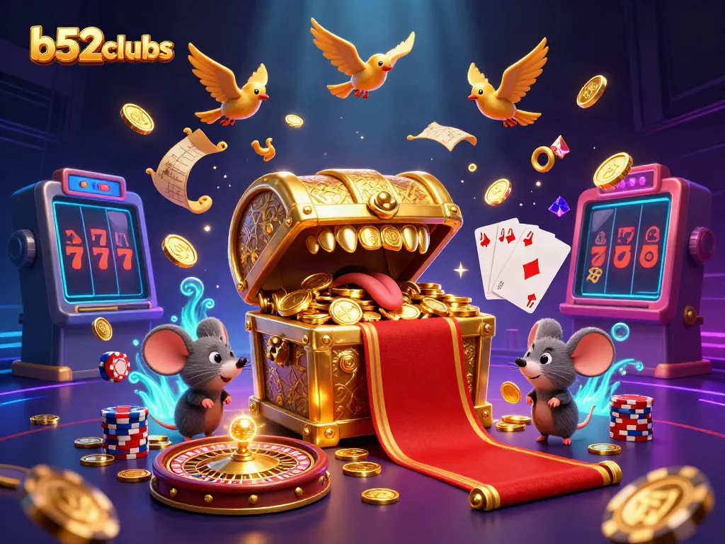 Experience the thrills of b52clubs with a golden treasure chest scene enticing adventurer mice surrounded by flying coins and gaming elements.