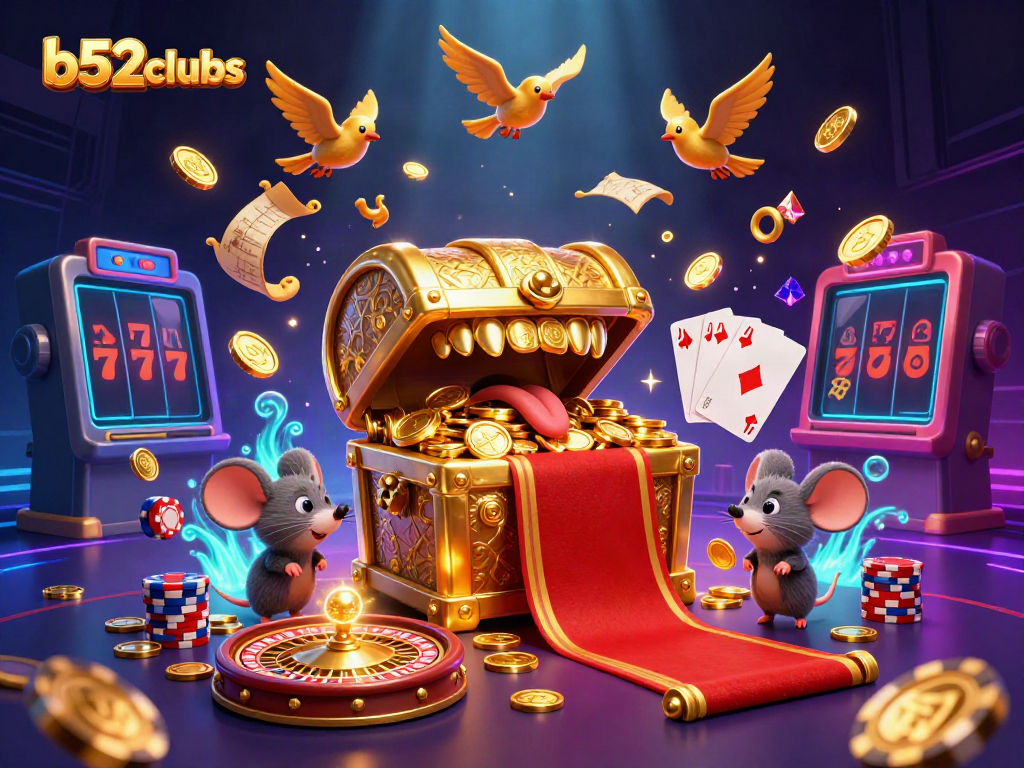 Experience the thrills of b52clubs with a golden treasure chest scene enticing adventurer mice surrounded by flying coins and gaming elements.