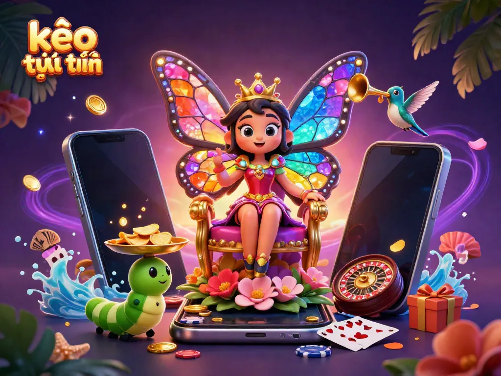 Engage with kèo trực tuyến in this vibrant 3D casino scene, featuring a cartoon butterfly queen amidst gaming elements.