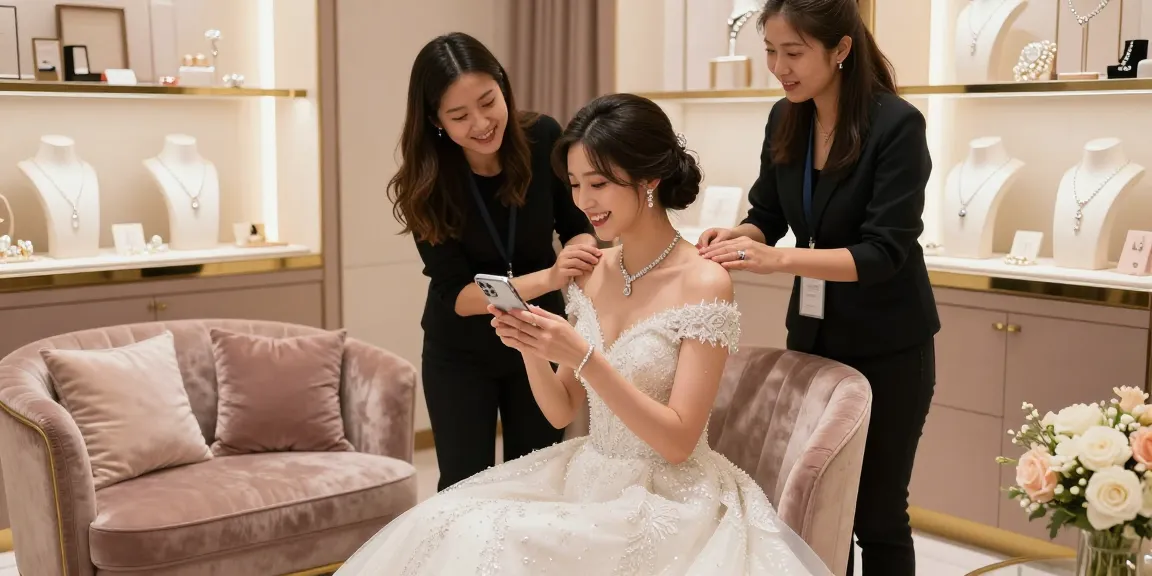 Shopping for a diamond bridal jewellery set online in a luxurious boutique setting, capturing the bride's joyful experience.
